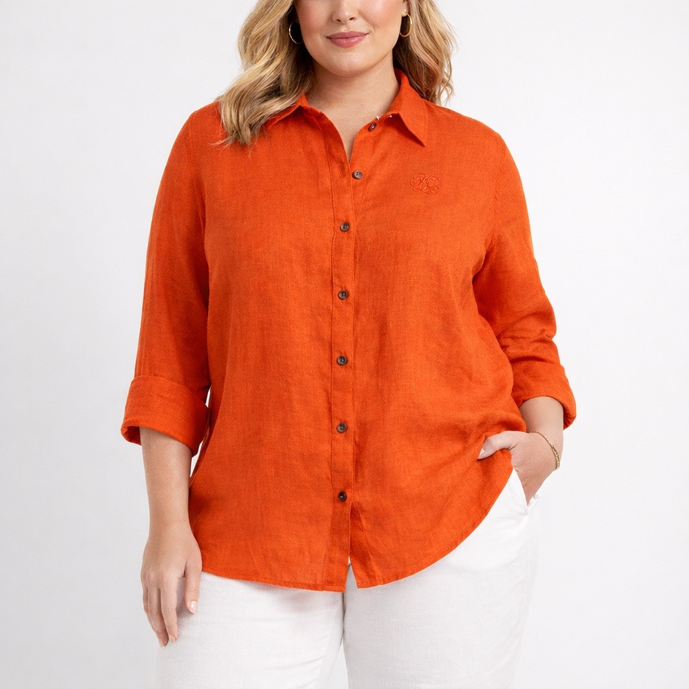 Lauren Ralph Lauren Orange Linen Button Down Shirt Plus Size 1X